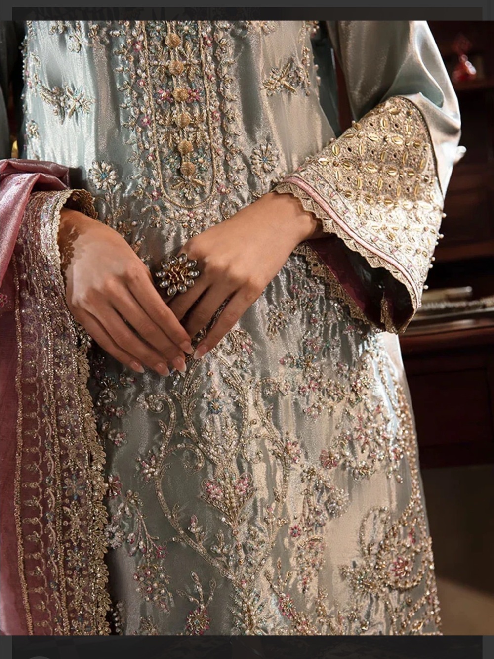 MUSHQ Embellished silk dress in Shimmering Aqua silver&tissue heavy work dupatta - Picture 9 of 16